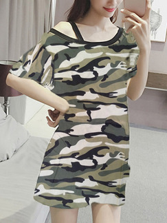 Green Camouflage  Loose Off-Shoulder Above Knee Shift Plus Size Dress for Casual Party