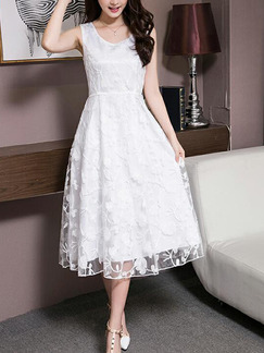 White Slim Lace Embroidery Midi Fit & Flare Dress for Casual Party
