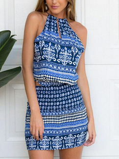 Blue Colorful Slim Printed Sling Above Knee Halter Dress for Casual Beach
