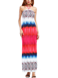 Colorful Slim Printed Hang Neck Maxi Dress for Casual Beach