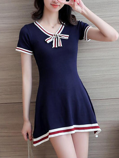 Navy Blue Slim Linking Stripe Above Knee Fit & Flare Dress for Casual Party Nightclub