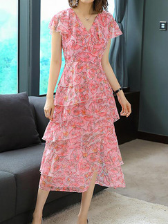 Pink Colorful Slim Printed Ruffle Midi V Neck Plus Size Dress for Casual Party