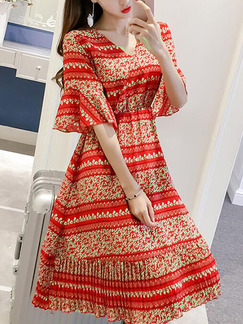 Red and Gold Slim Printed Flare Sleeve Midi V Neck Dress for Casual Party