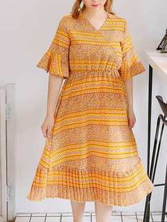 Orange Colorful Slim Printed Flare Sleeve Midi V Neck Dress for Casual