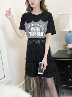 Black Slim Linking Lace Mesh Two-Piece Midi Dress for Casual