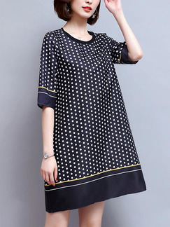 Navy Blue and White Loose Wave Point Contrast Above Knee Shift Dress for Casual Party Office