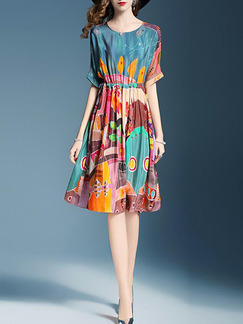 Colorful Loose Printed High Waist Knee Length Dress for Casual Party