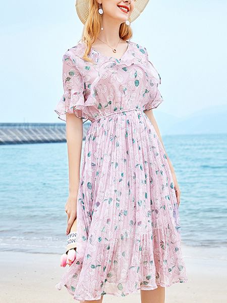 Pink Colorful Slim Printed High Waist Midi Fit & Flare V Neck Dress for Casual Beach