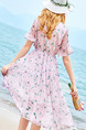 Pink Colorful Slim Printed High Waist Midi Fit & Flare V Neck Dress for Casual Beach