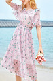 Pink Colorful Slim Printed High Waist Midi Fit & Flare V Neck Dress for Casual Beach