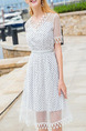 White Slim Linking Mesh Wave Point Midi V Neck Dress for Casual Party Beach