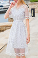 White Slim Linking Mesh Wave Point Midi V Neck Dress for Casual Party Beach