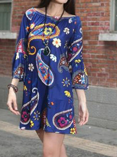 Navy Blue Colorful Loose Printed Boat Collar Above Knee Shift Off Shoulders Dress for Casual Party