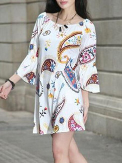 White Loose Printed Boat Collar Above Knee Shift Off Shoulders Dress for Casual Party