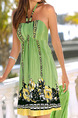 Green Loose Printed Hang Neck Above Knee Dress for Casual Beach