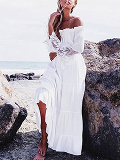 White Slim Off-Shoulder Linking Lace Maxi Long Sleeve Dress for Casual Beach
