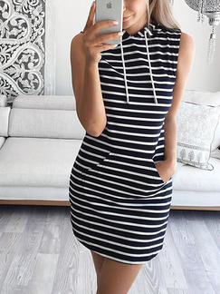 Black and White Slim Hooded Drawstring Above Knee Bodycon Dress for Casual Sporty