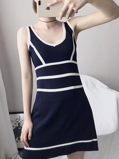 Dark Blue Slim Knitting Contrast Above Knee Shift Dress for Casual Party