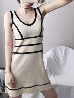 Khaki Slim Knitting Contrast Above Knee Shift Dress for Casual Party