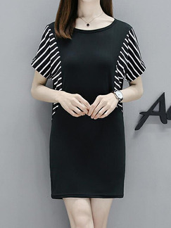 Black and White Slim Bat Stripe Sleeve Above Knee Plus Size Shift Dress for Casual Party