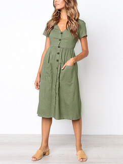Army Green Slim V Neck Buttons Midi V Neck Dress for Casual Party