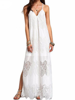 White Loose Sling Lace Maxi Slip V Neck Dress for Casual Party Beach