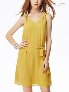 Yellow Slim Band Above Knee V Neck Dress for Casual Party