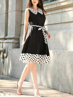 White and Black Slim Linking Wave Point Knee Length Plus Size V Neck Dress for Casual Party
