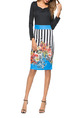 Black and Colorful Slim Linking Printed Stripe Knee Length Sheath Long Sleeve Dress for Casual Party Evening Office