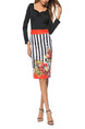 Black and Colorful Slim Linking Printed Stripe Knee Length Bodycon Long Sleeve Dress for Casual Party Office
