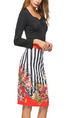 Black and Colorful Slim Linking Printed Stripe Knee Length Bodycon Long Sleeve Dress for Casual Party Office