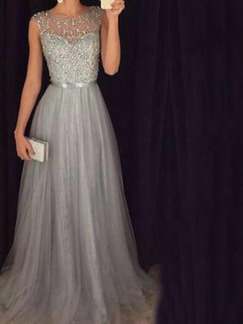 Light Gray Slim Sequins Mesh High Waist Maxi Plus Size Dress for Cocktail Bridesmaid Prom