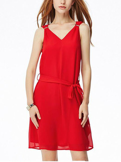 Red Slim Band Above Knee V Neck Dress for Casual Party