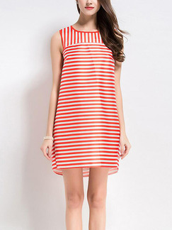 Red and White Loose Contrast Stripe Above Knee Shift Dress for Csaual Party