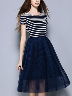 Navy Blue  Slim Linking Stripe Midi Fit & Flare Dress for Casual Party Evening