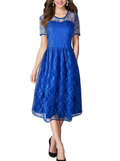 Royal Blue Slim Linking Lace Midi Fit & Flare Plus Size Dress for Casual Party Evening