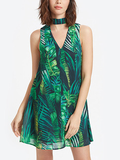 Green Colorful Loose Printed Above Knee Tropical V Neck Plus Size Shift Dress for Casual Party Beach