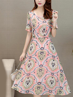 Pink Colorful Slim Printed High Waist Midi Fit & Flare Plus Size Dress for Casual Party