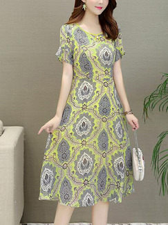 Yellow and Gray Slim Printed High Waist Midi Fit & Flare Plus Size Dress for Casual Party