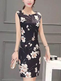 Black and Colorful Slim Printed Over-Hip Above Knee Sheath Floral Plus Size Dress for Casual Party Evening