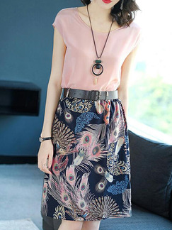 Pink and Colorful Slim Printed Skirt Two-Piece Above Knee Plus Size Dress for Casual Party