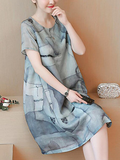 Gray Loose Printed Knee Length Shift Plus Size Dress for Casual