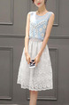 Blue and White Slim Embroidery Mesh Two-Piece Fit & Flare Lace Floral Dress for Casual Party