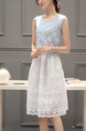 Blue and White Slim Embroidery Mesh Two-Piece Fit & Flare Lace Floral Dress for Casual Party