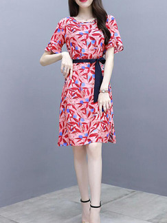 Red Pink and Blue Slim Printed Band Knee Length Plus Size Dress for Casual Party