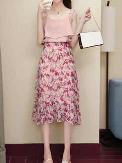 Pink Slim Sling Printed Skirt Two-Piece Knee Length Plus Size Dress for Casual Party