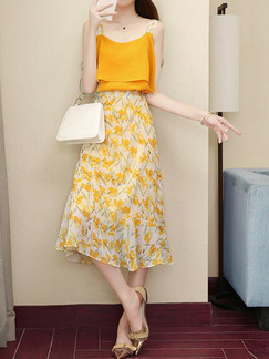 Yellow Slim Sling Printed Skirt Two-Piece Plus Size Dress for Casual Party