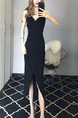 Black Slim Over-Hip Furcal Midi V Neck Bodycon Dress for Party Evening Cocktail Prom