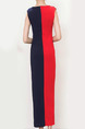 Red and Dark Blue Slim Contrast Furcal Maxi V Neck Wrap Dress for Party Office Evening Cocktail