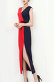 Red and Dark Blue Slim Contrast Furcal Maxi V Neck Wrap Dress for Party Office Evening Cocktail